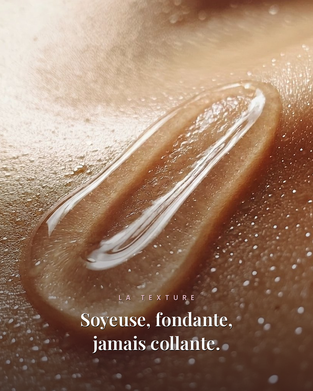 Texture de soin rosée sur peau, goutte et trace lisse