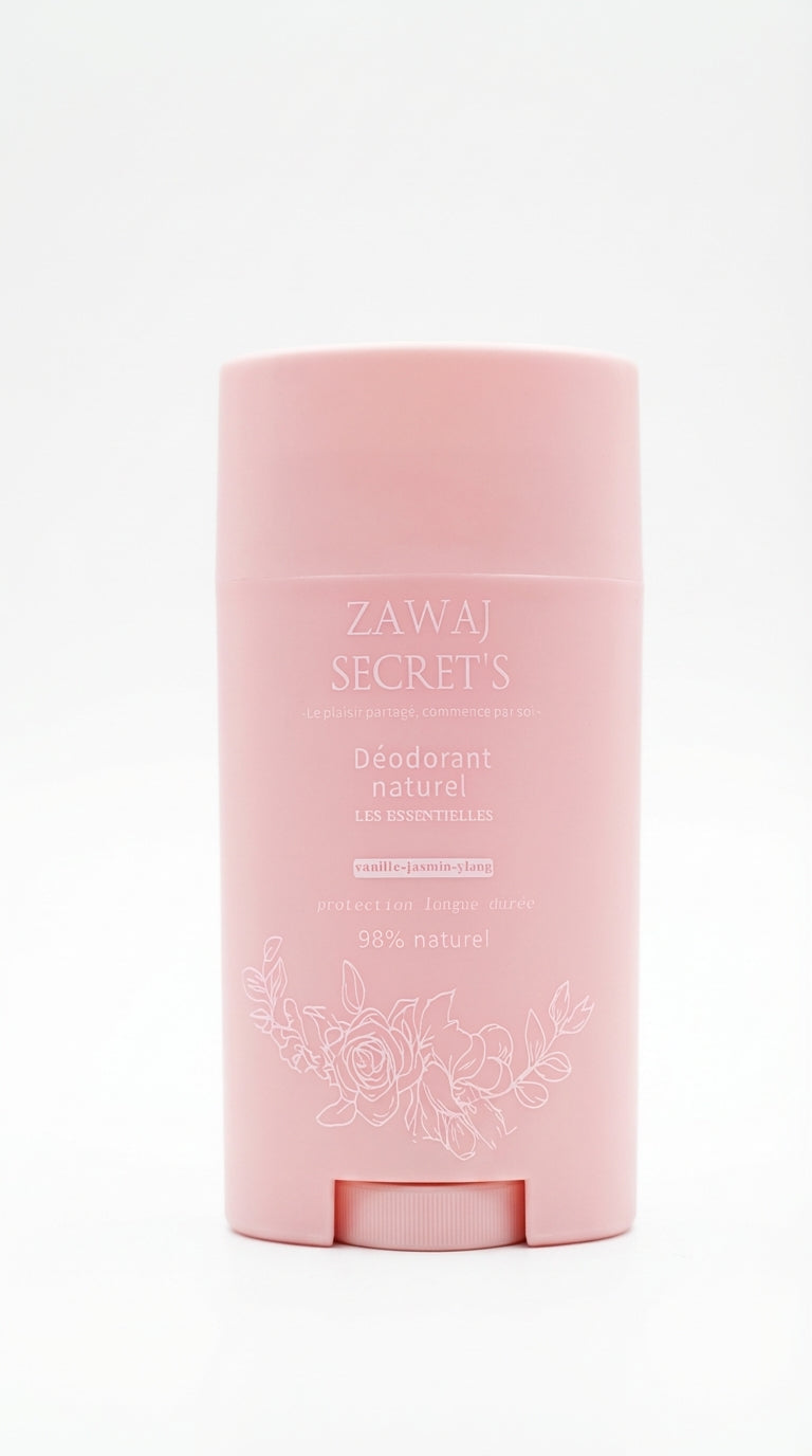 Déodorant naturel vanille jasmin-ylang en stick, boîtier rose Zawaj Secret's