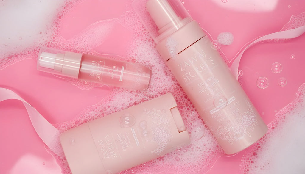 Flacons de mousse nettoyante intime avec pompe, mousse rose et bulles