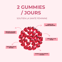 Cœurs de gummies probiotiques rouges avec indication «2 gummies / jours»