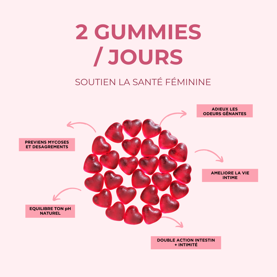 Cœurs de gummies probiotiques rouges avec indication «2 gummies / jours»