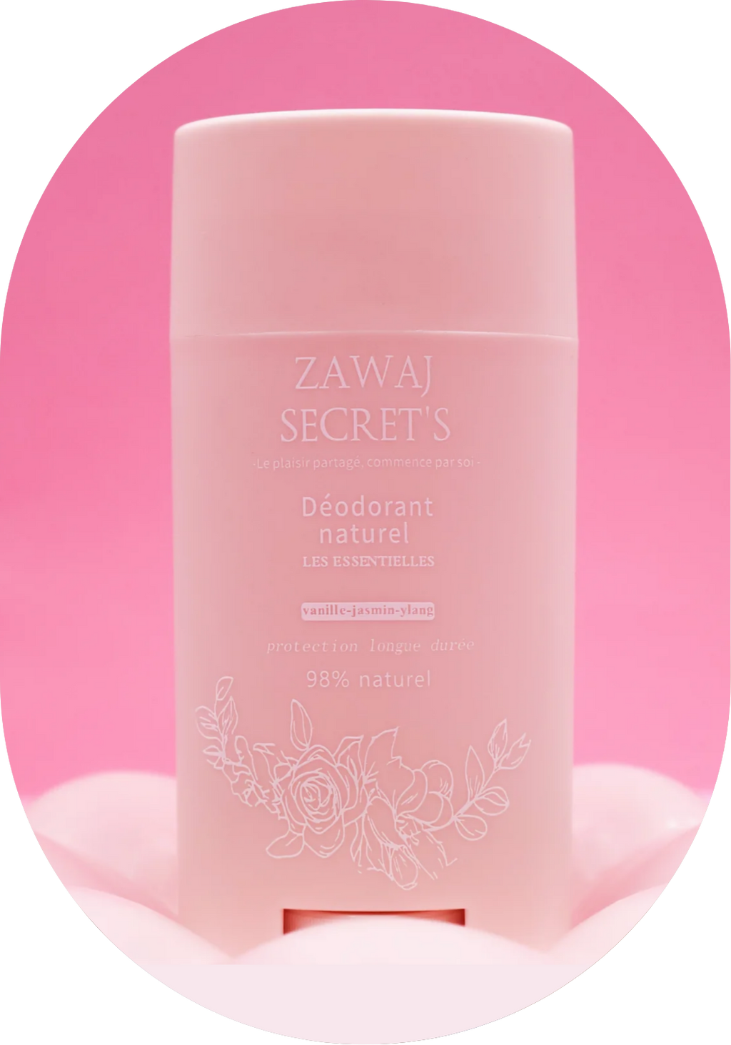 Flacon de déodorant naturel Glow and Go, étiquette crème sur fond rose