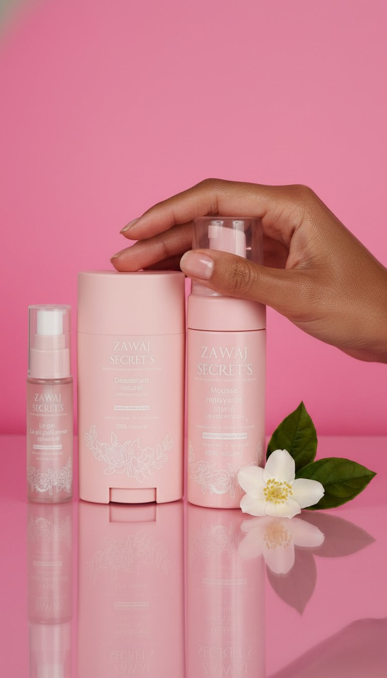 Pack Les Essentielles : mains tenant des flacons rose pâle, avec fleur blanche