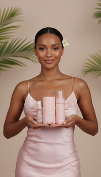 Pack Les Essentielles : femme tenant 4 produits roses, robe satinée rose