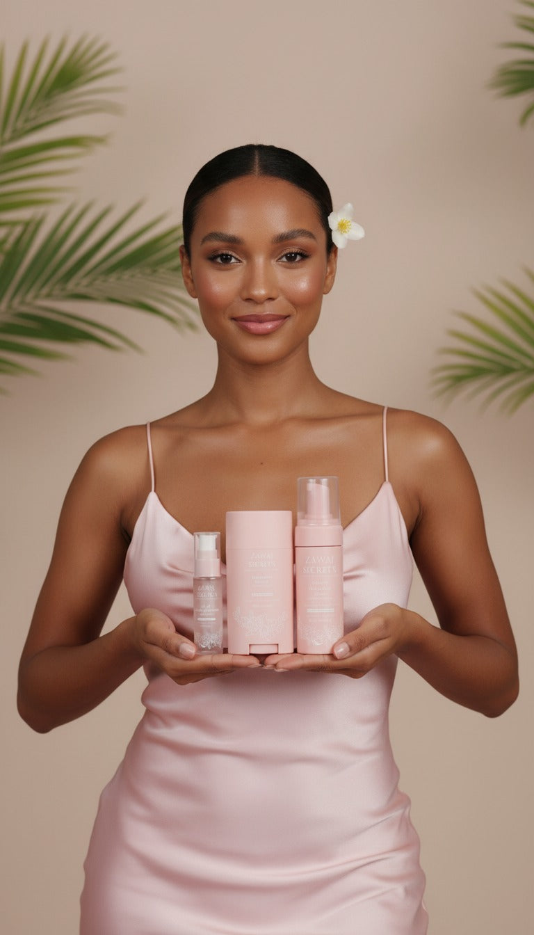 Pack Les Essentielles : femme tenant 4 produits roses, robe satinée rose