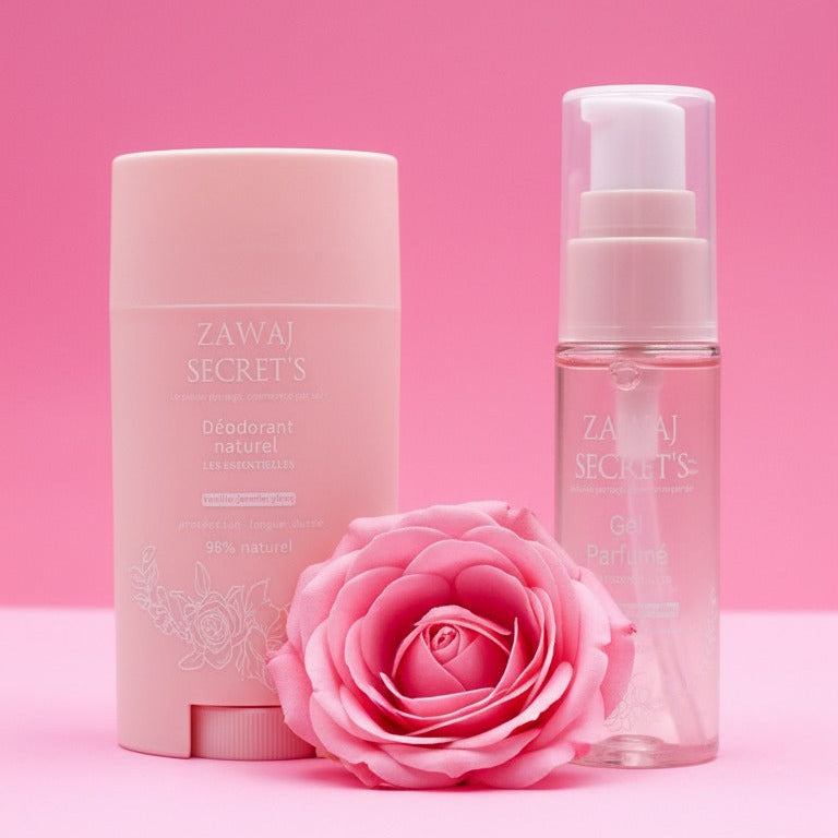 Douce Aura Duo : déodorant naturel en stick + gel parfumé, flacons roses