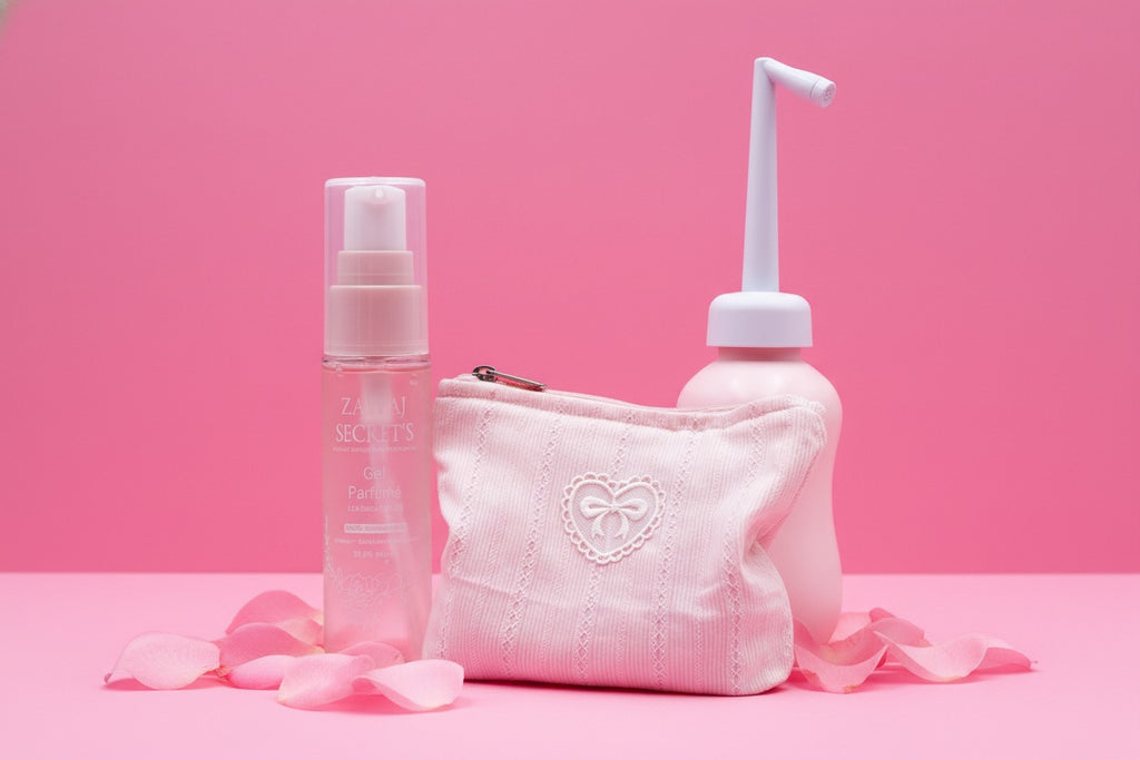 Cycle Sérénité — Kit Bien-être Intime (Trousse + Douchette + Gel Parfumé)
