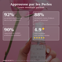 Brume intime en flacon vaporisateur transparent, tenu par une main.