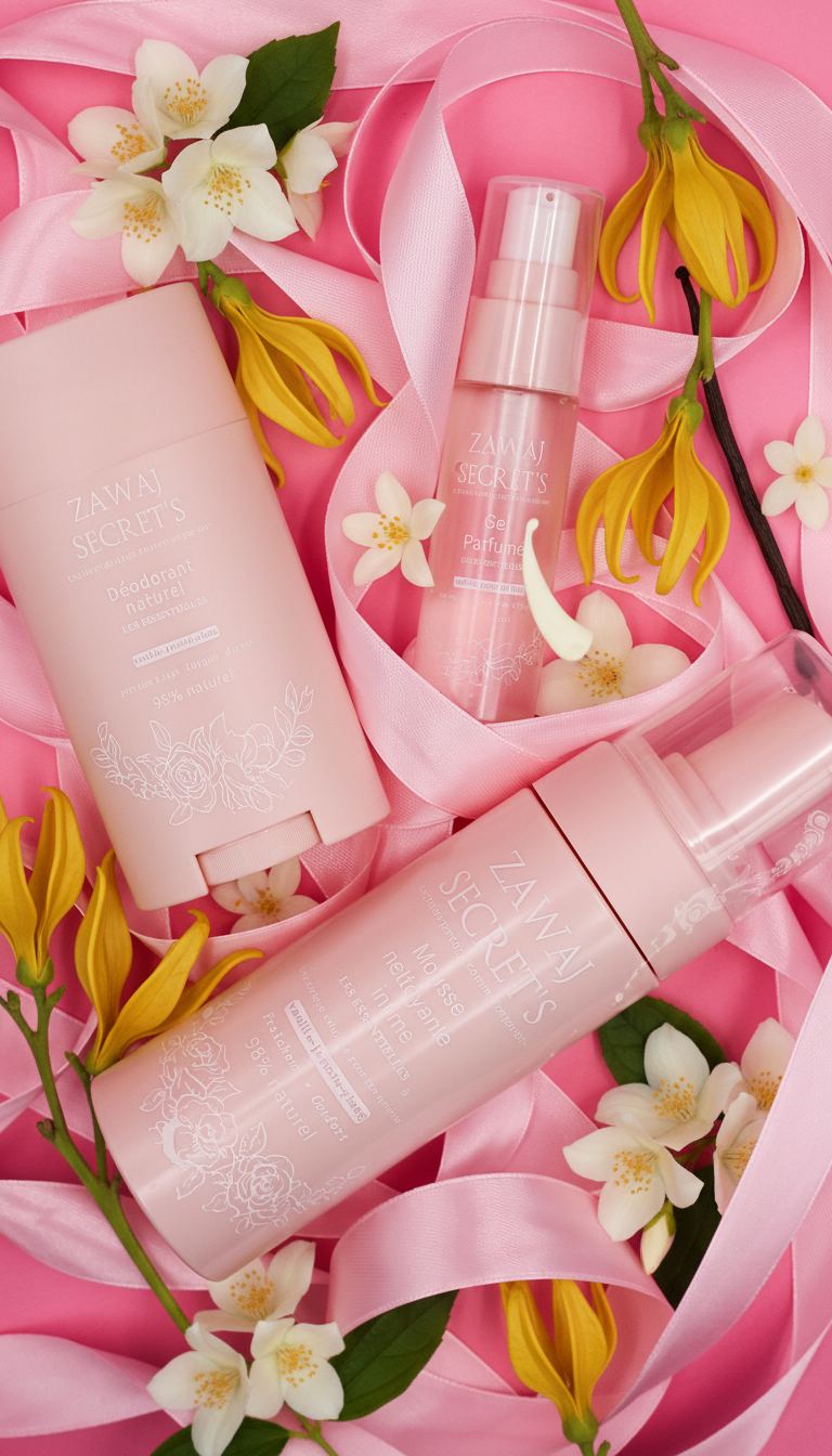 Déodorant et spray vanille jasmin-ylang, flacons roses Zawaj Secret's