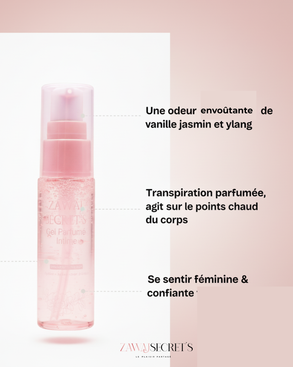 Gel parfumé intime vanille jasmin ylang en flacon-pompe rose translucide