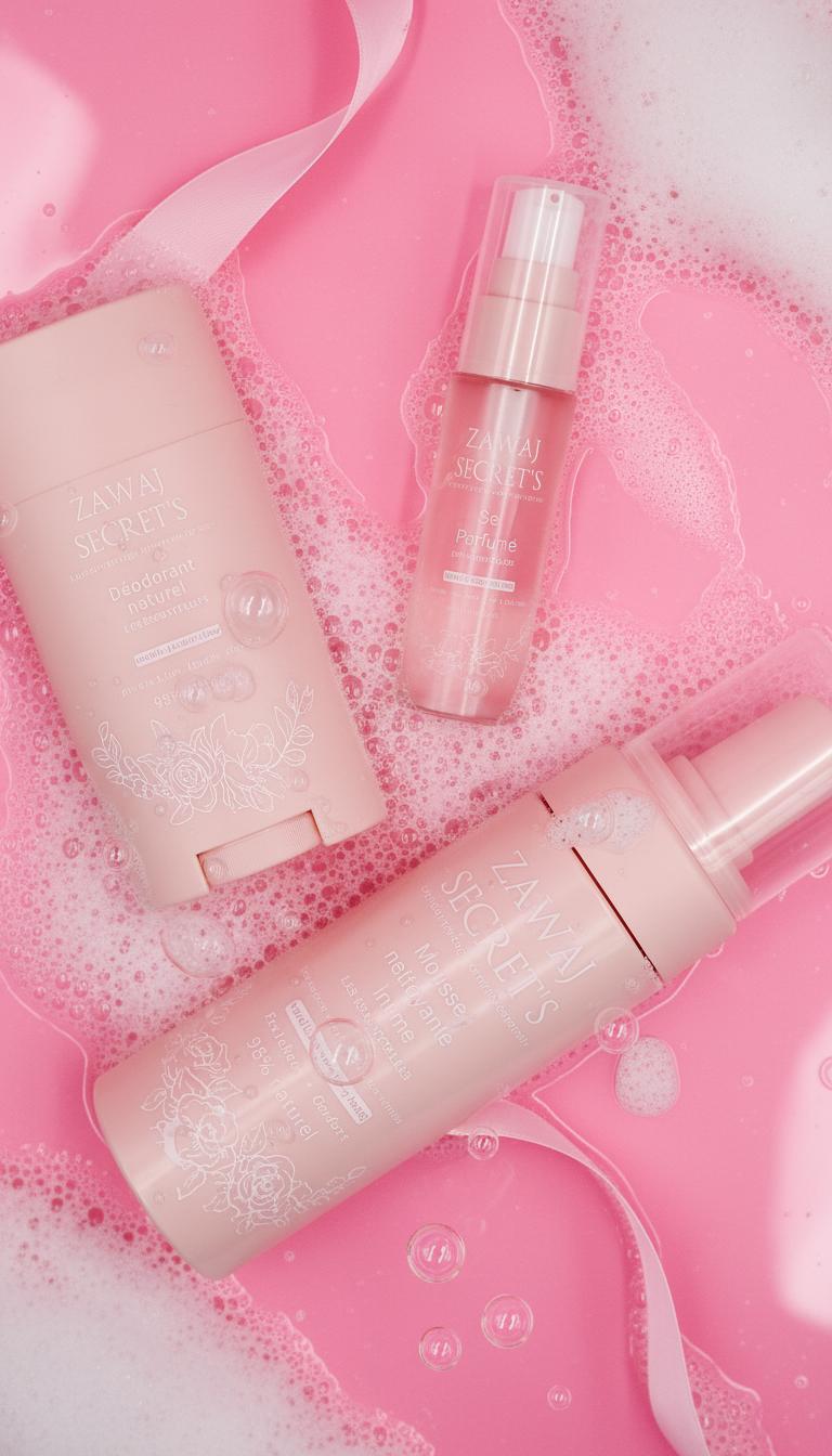 Pack Les Essentielles : flacon spray et tubes roses, avec mousse et rubans
