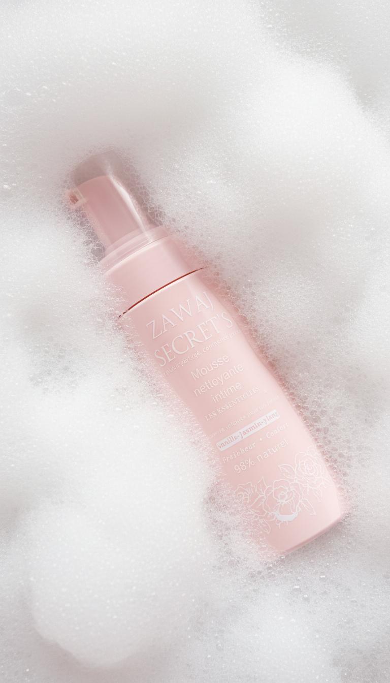 Flacon rose de mousse nettoyante intime avec mousse blanche, pompe translucide