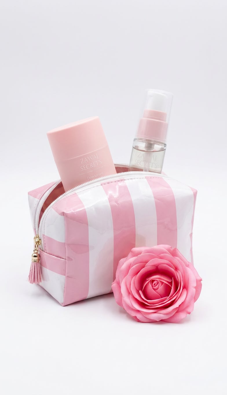 Kit soins: trousse rose poudré, deux flacons et mini spray, fleur rose.