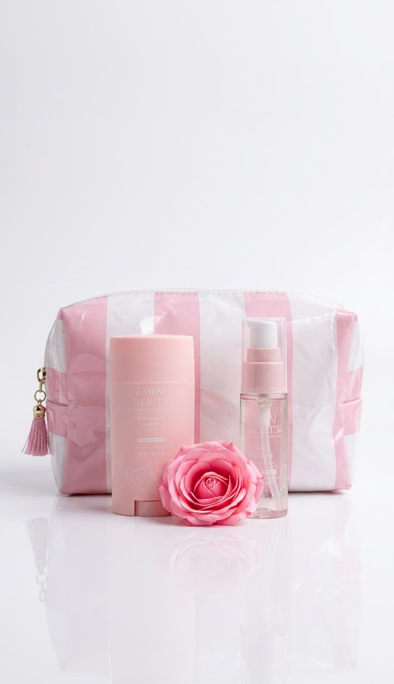 Trousse rayée blanc et rose avec flacon crème, mini spray et fleur rose.