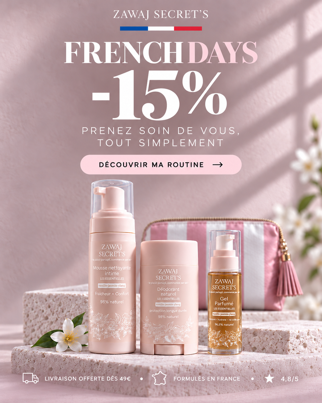 French Days Zawaj Secret's -15 %, bannière mobile avec ligne de réassurance entièrement visible