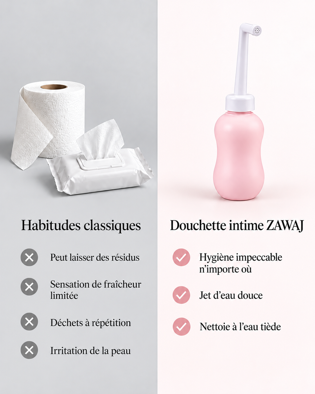 Comparatif habitudes classiques et douchette intime Zawaj Secret's