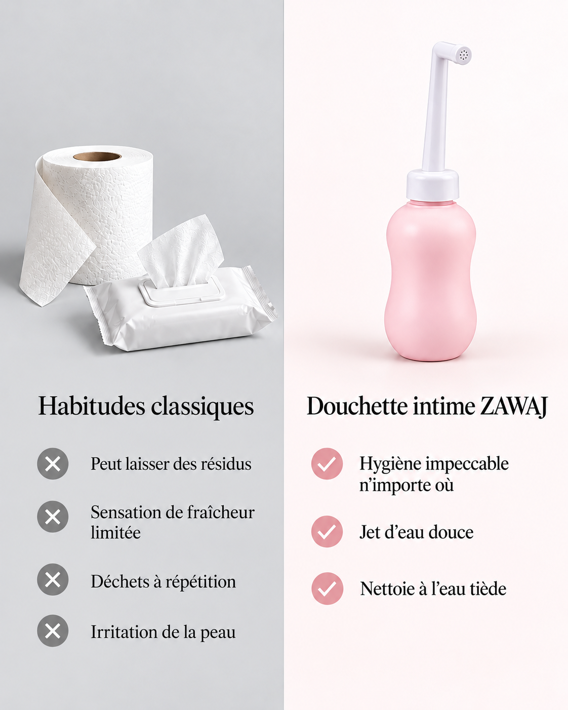 Comparatif habitudes classiques et douchette intime Zawaj Secret's