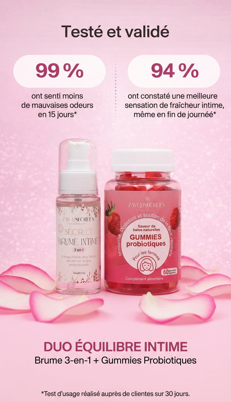 Duo Équilibre Intime – Gummies + Brume 3-en-1 Probiotiques