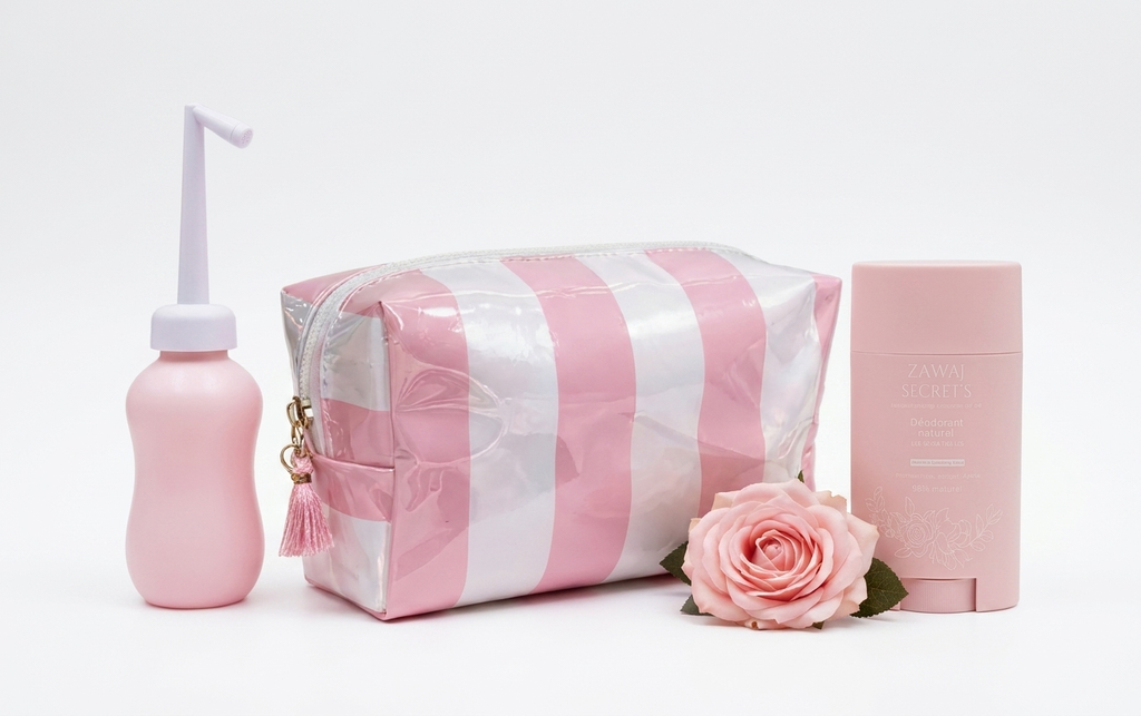 Trousse de toilette rose et blanche rayée, avec bouteille et étui de douchette