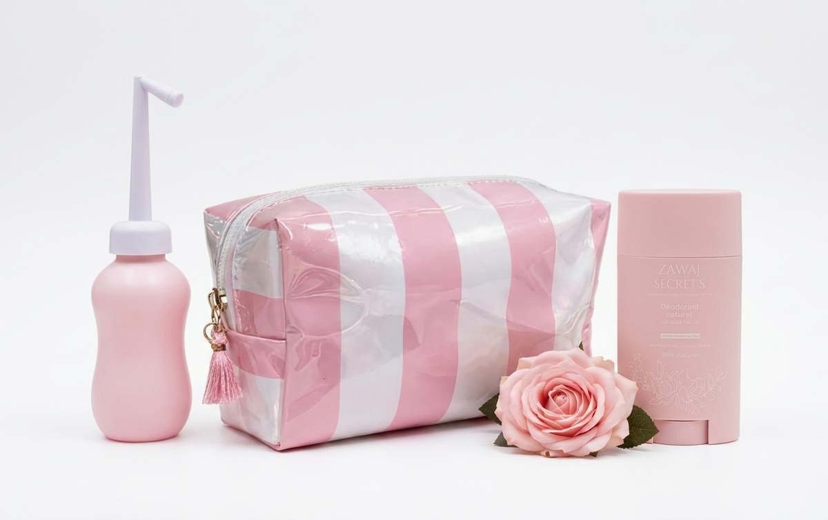 Trousse de toilette rose et blanche rayée, avec bouteille et étui de douchette
