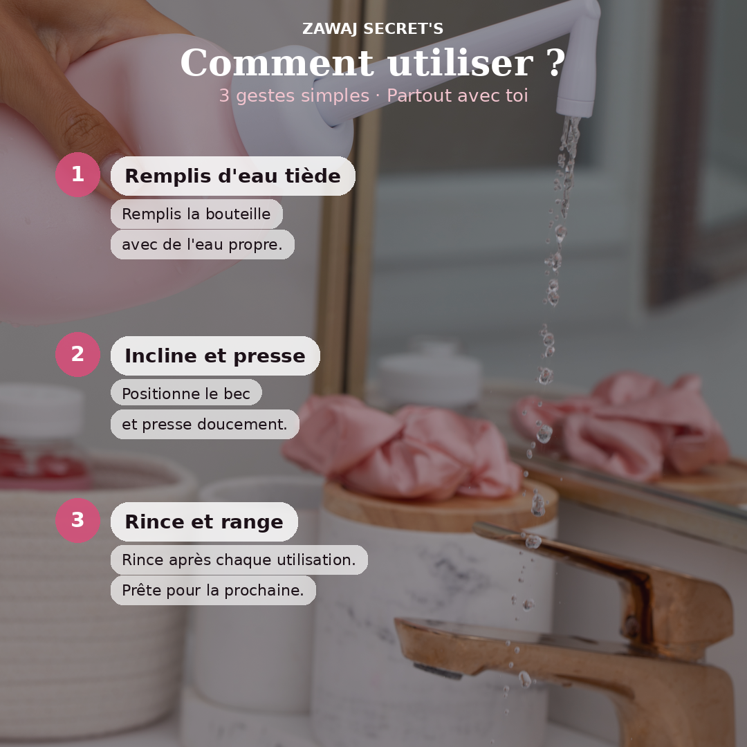 Douchette intime blanche avec pommeau, jet d’eau qui s’écoule