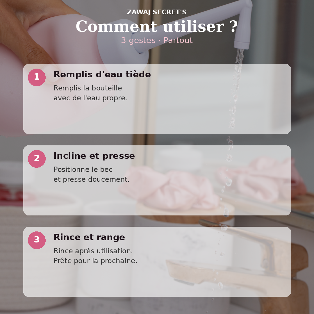Douchette nomade intime rose, embout au-dessus du lavabo avec jet d’eau