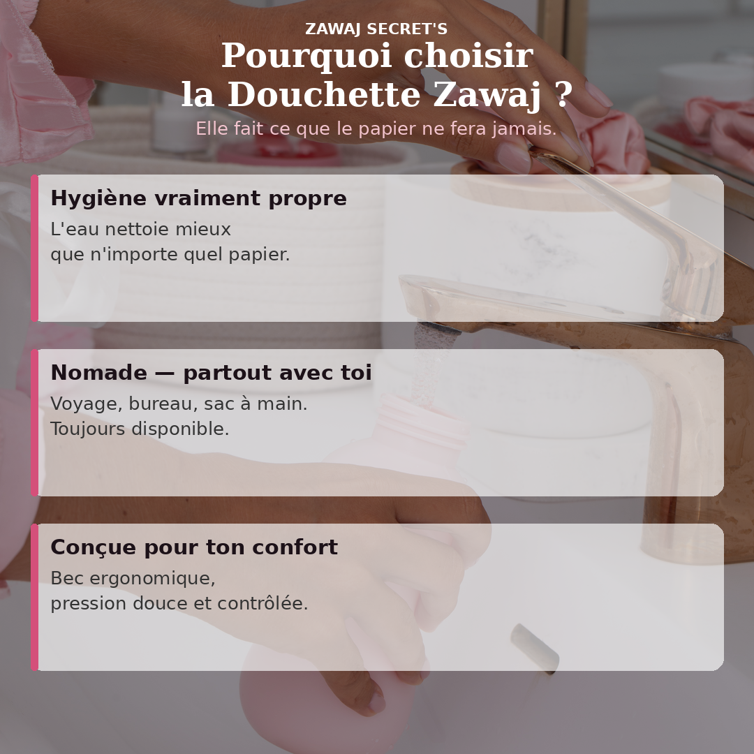 Douchette nomade intime blanche avec embout fin, tenue dans la main