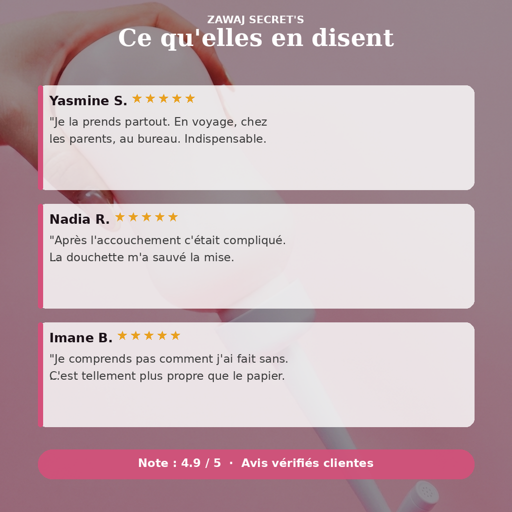 Douchette intime blanche avec embout, tenue près d’un récipient