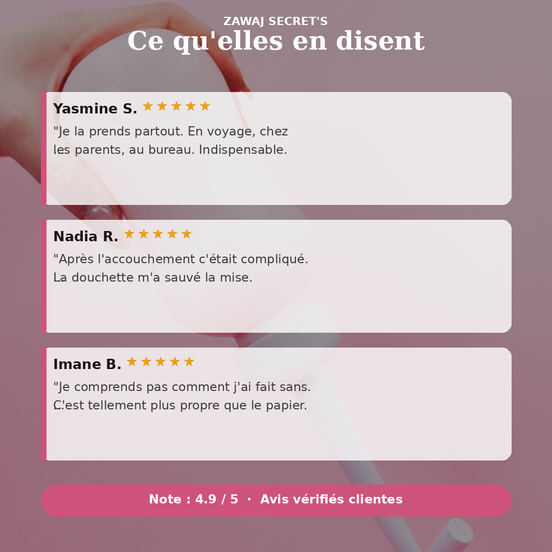 Douchette intime blanche avec embout, tenue près d’un récipient