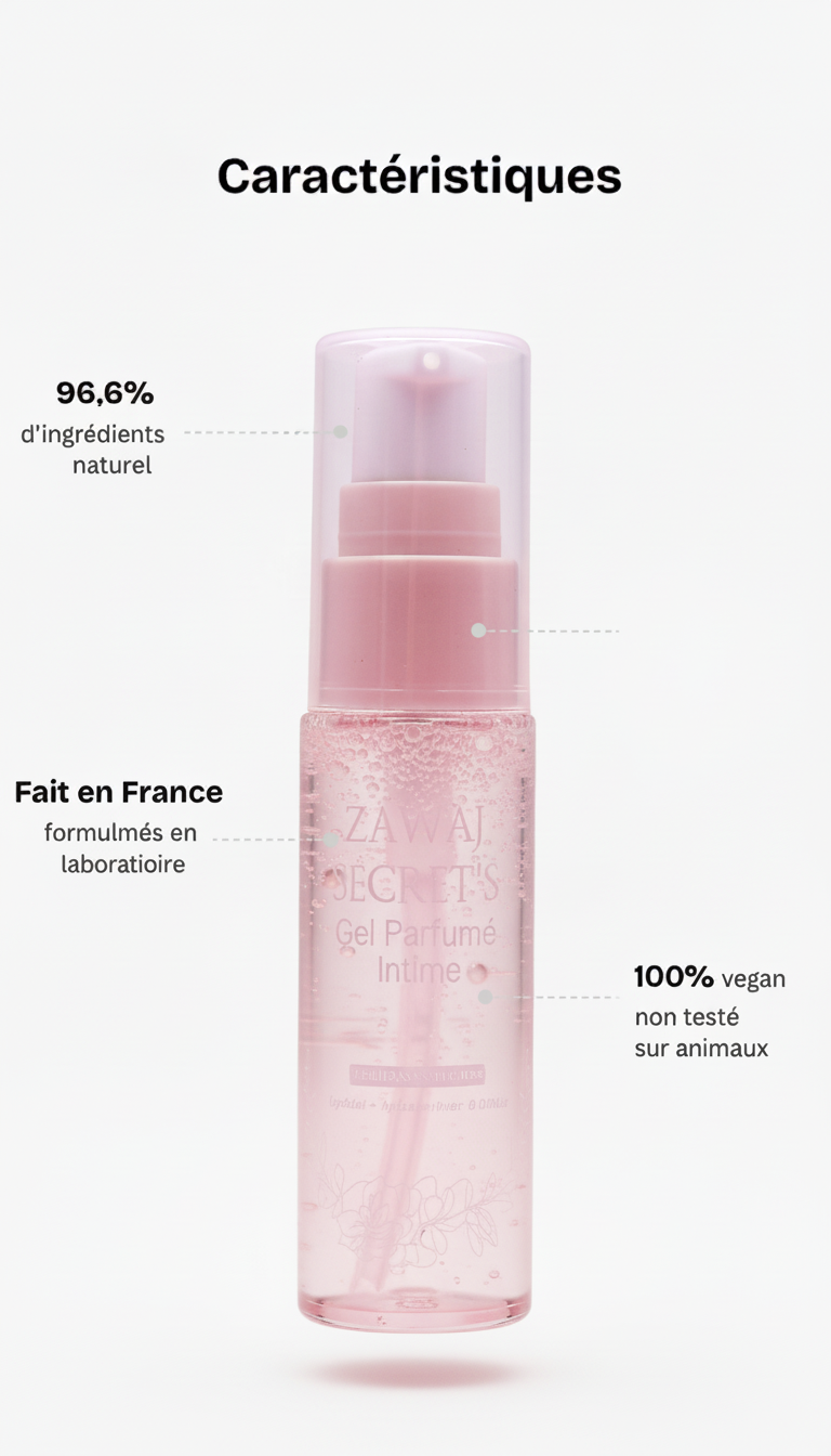 Gel parfumé intime en flacon-pompe rose clair, affichage des caractéristiques