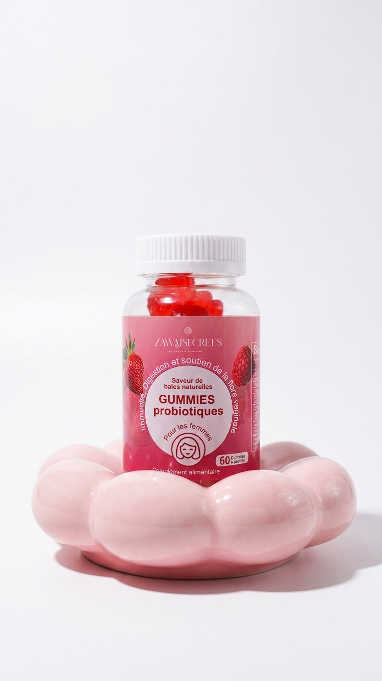 Gummies Probiotiques : flacon rouge avec 60 gummies pour bien-être intime.
