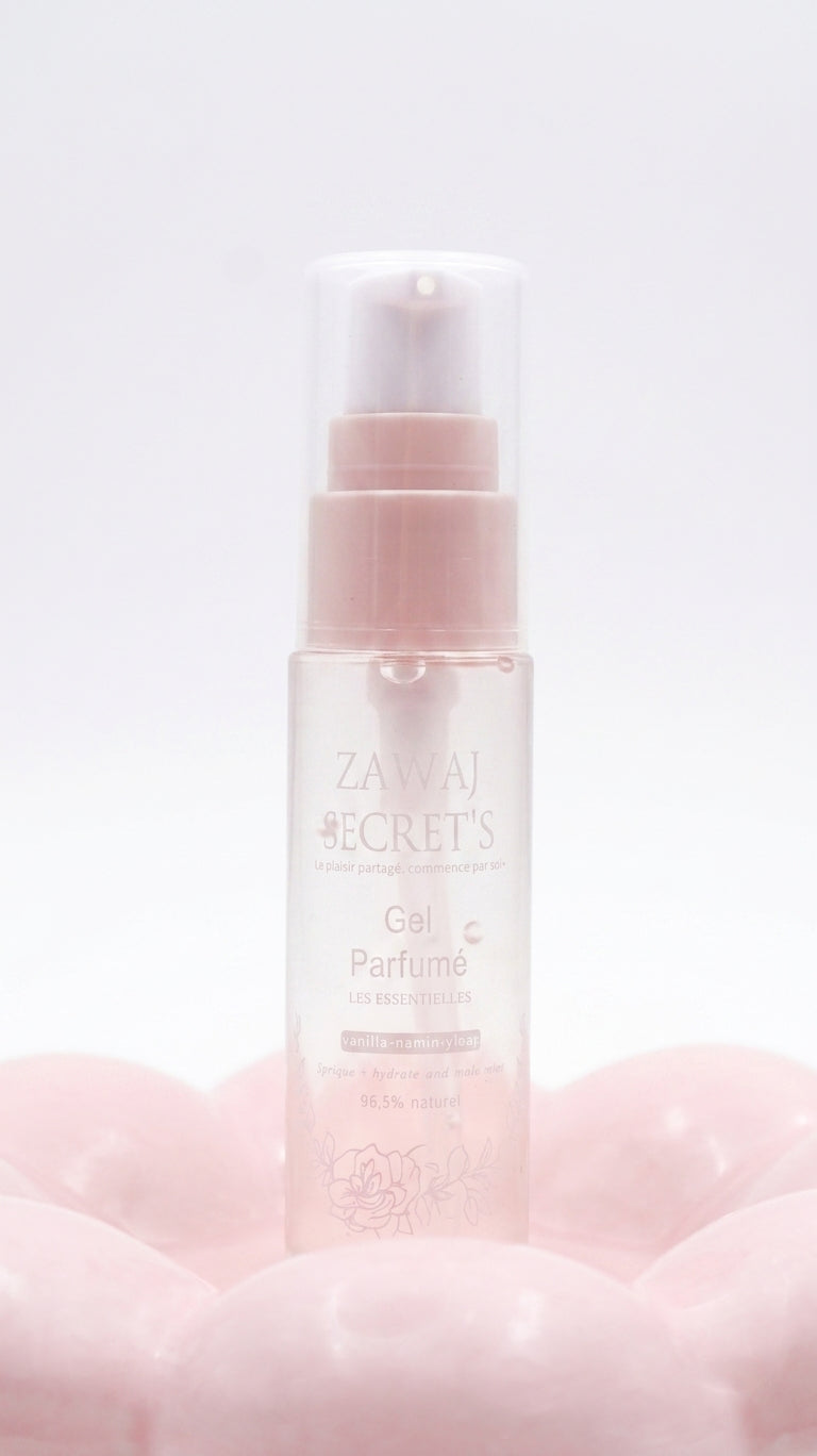 Gel parfumé intime vanille, jasmin et ylang en flacon-pompe rose clair