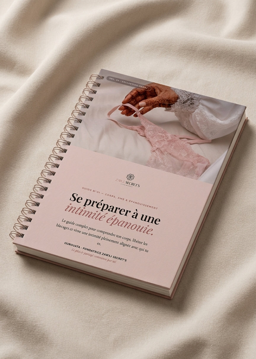 Livre à spirale, couverture blanche, titre « intimité épanouie ».