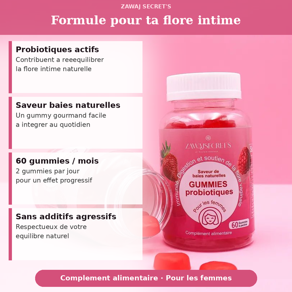 Flacon de Gummies probiotiques, rubriques « Formule pour ta flore intime ».