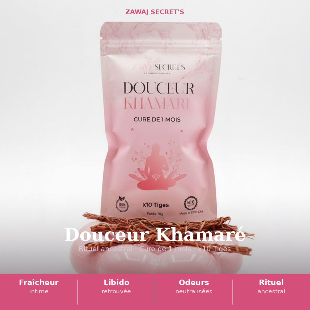 Douceur Khamaré: sachet rose avec “Cure de 1 mois” et “x10 Tiges”