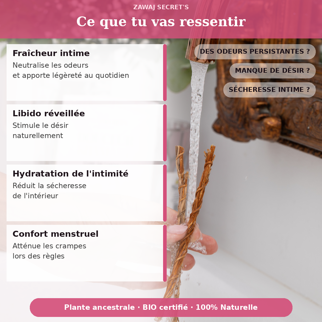 Infographie Douceur Khamaré: fraîcheur intime, libido, hydratation, confort
