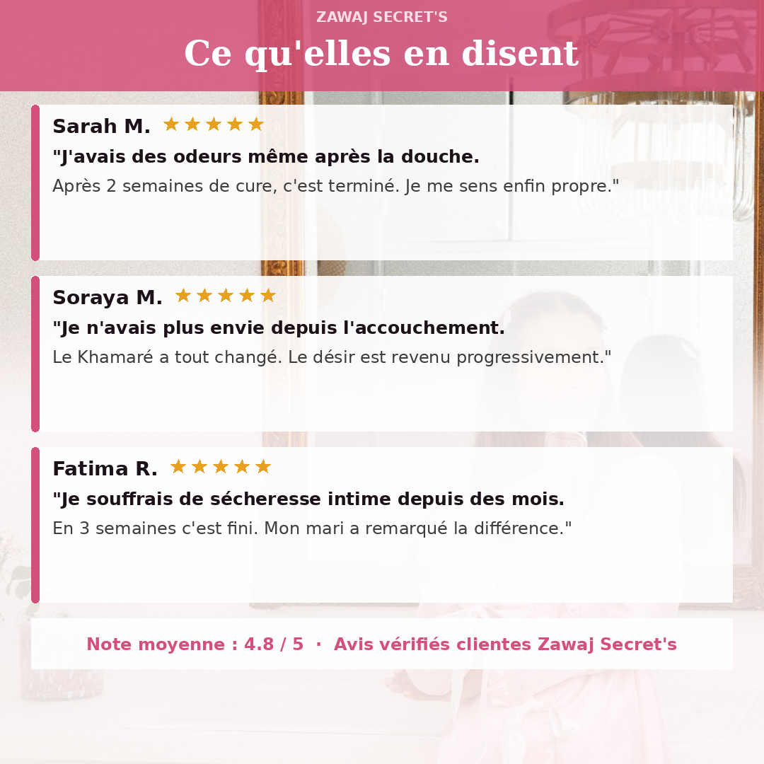 Avis clients Douceur Khamaré sur fond graphique rose, notes et témoignages