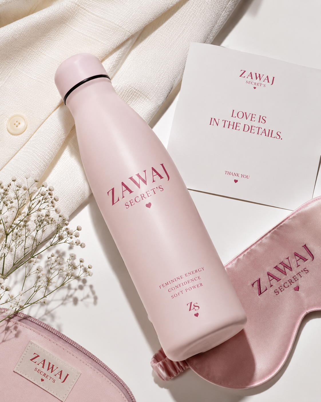 Zawaj Secret's — Flatlay beauté rose et ivoire Zawaj Secret’s