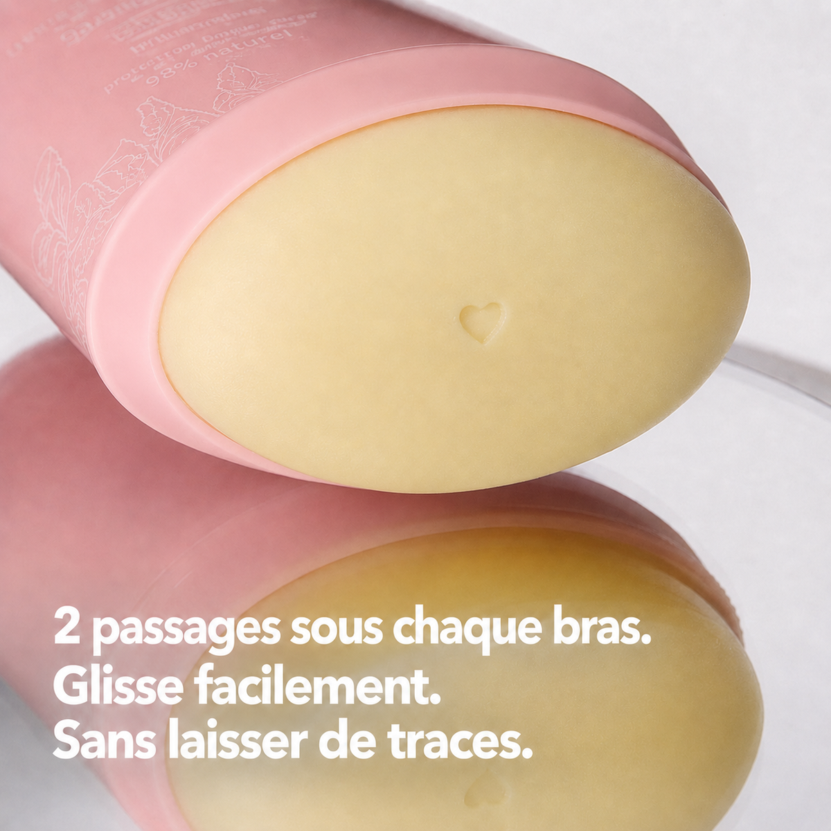 Déodorant naturel Zawaj Secret's — stick ivoire au cœur moulé et col rose lisse, reflet miroir