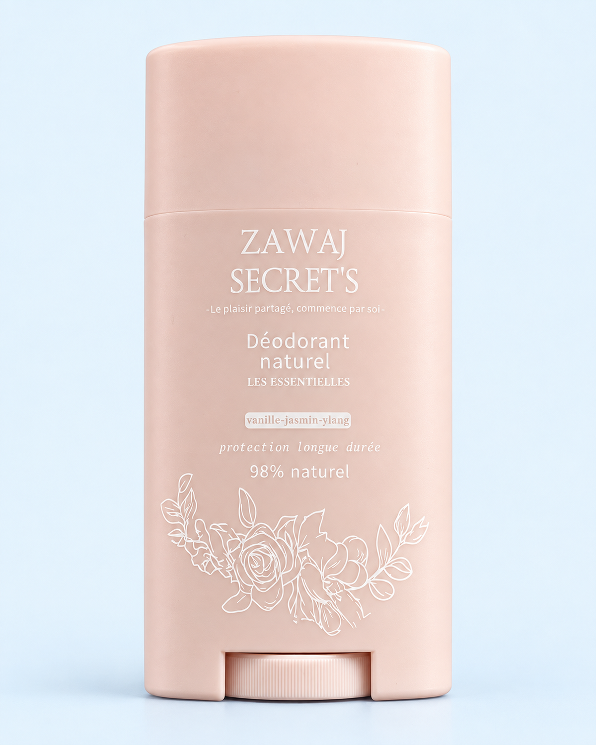 Déodorant naturel Zawaj Secret's rose poudré, impression blanche nette, packshot Full HD sur fond bleu ciel