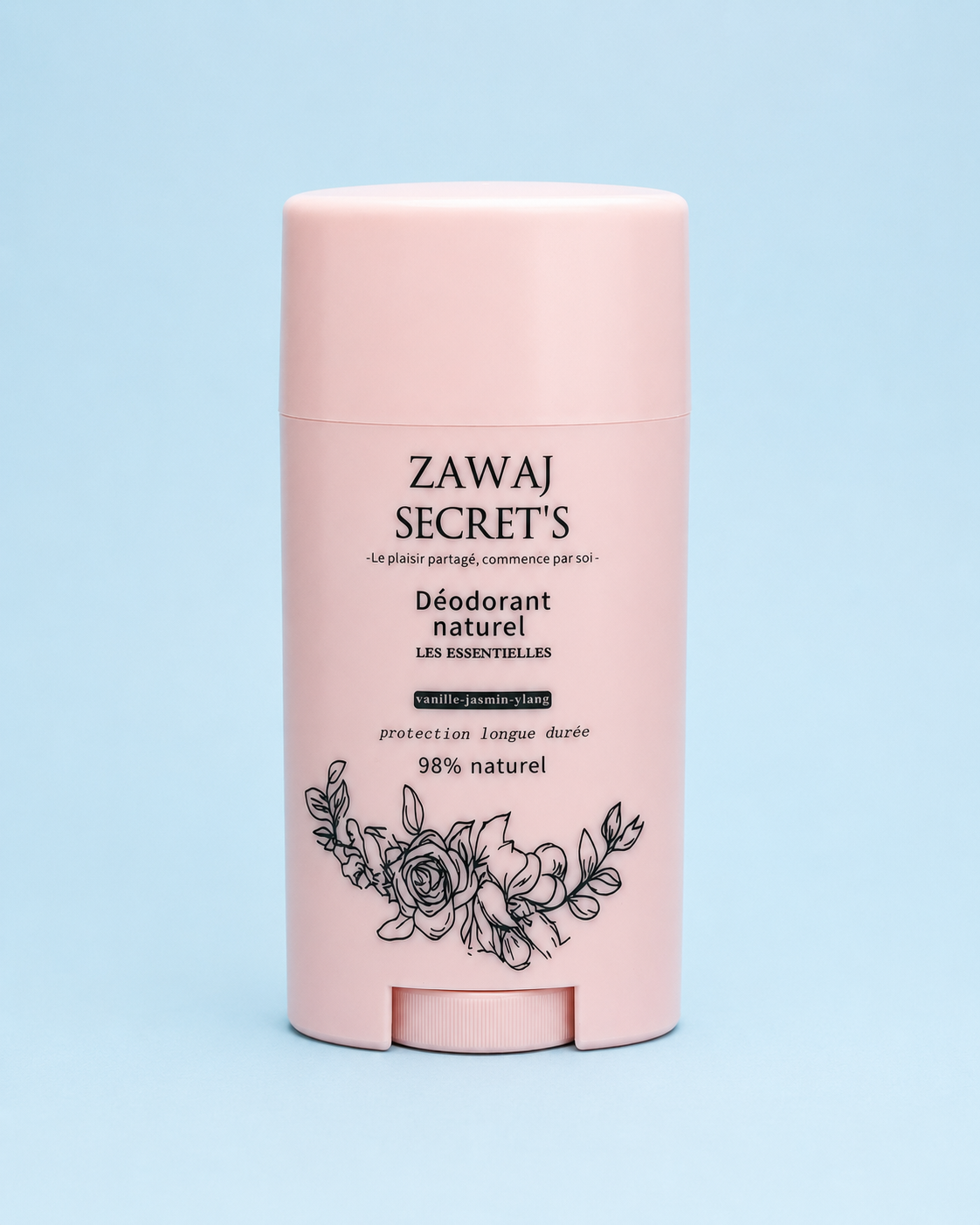 Zawaj Secret's — Déodorant naturel Les Essentielles sur fond bleu ciel