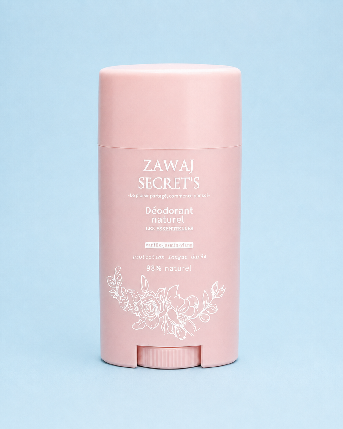 Déodorant naturel Zawaj Secret's à impression blanche sur fond bleu ciel