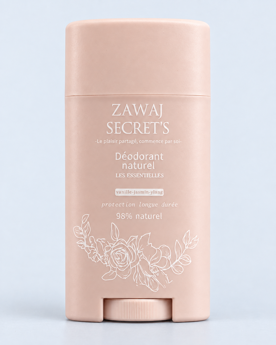 Déodorant naturel Les Essentielles Zawaj Secret's sur fond perle bleuté