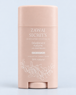 Déodorant naturel Les Essentielles Zawaj Secret's sur fond perle bleuté