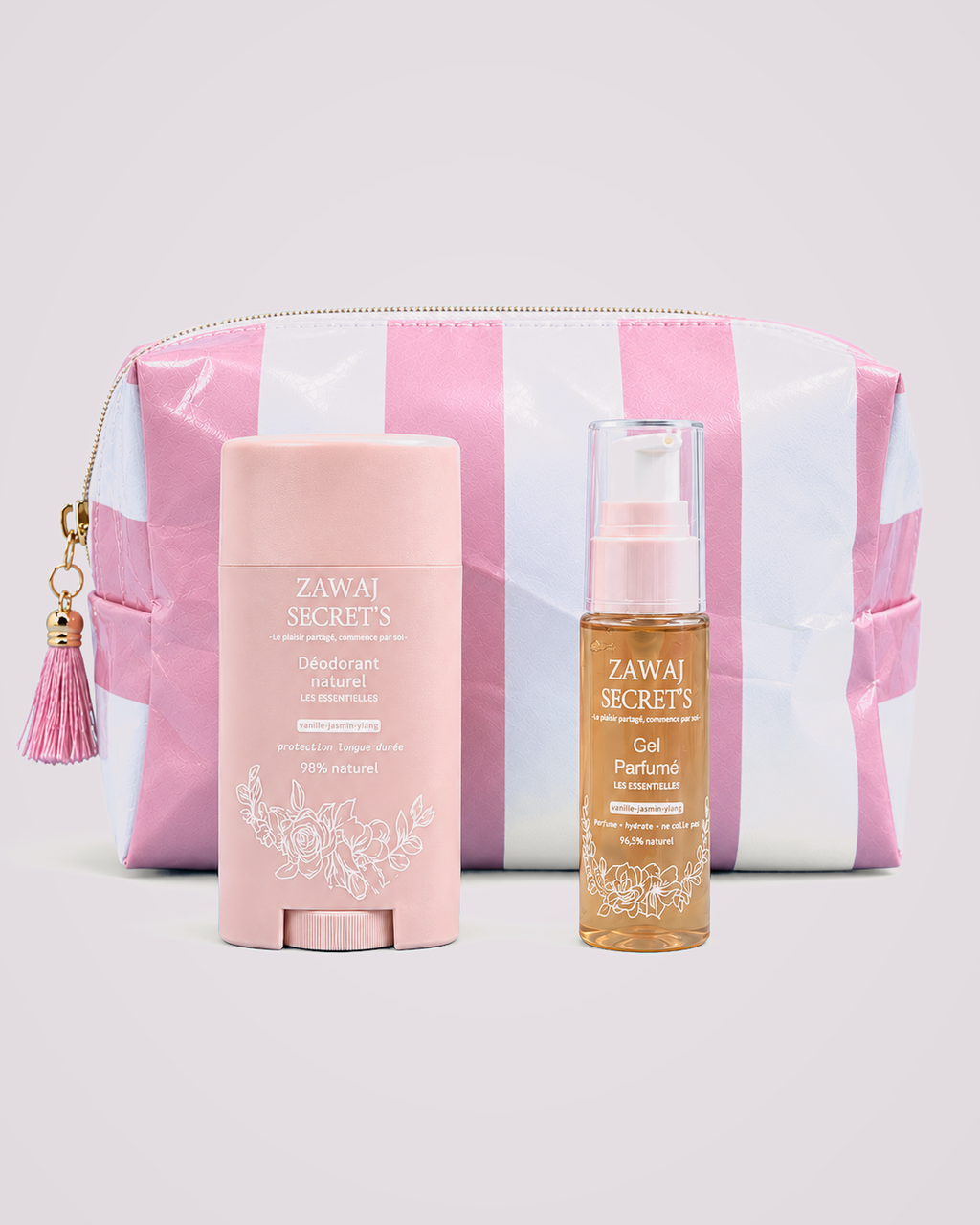 Douce Aura — produit réel sur fond gris perle rosé