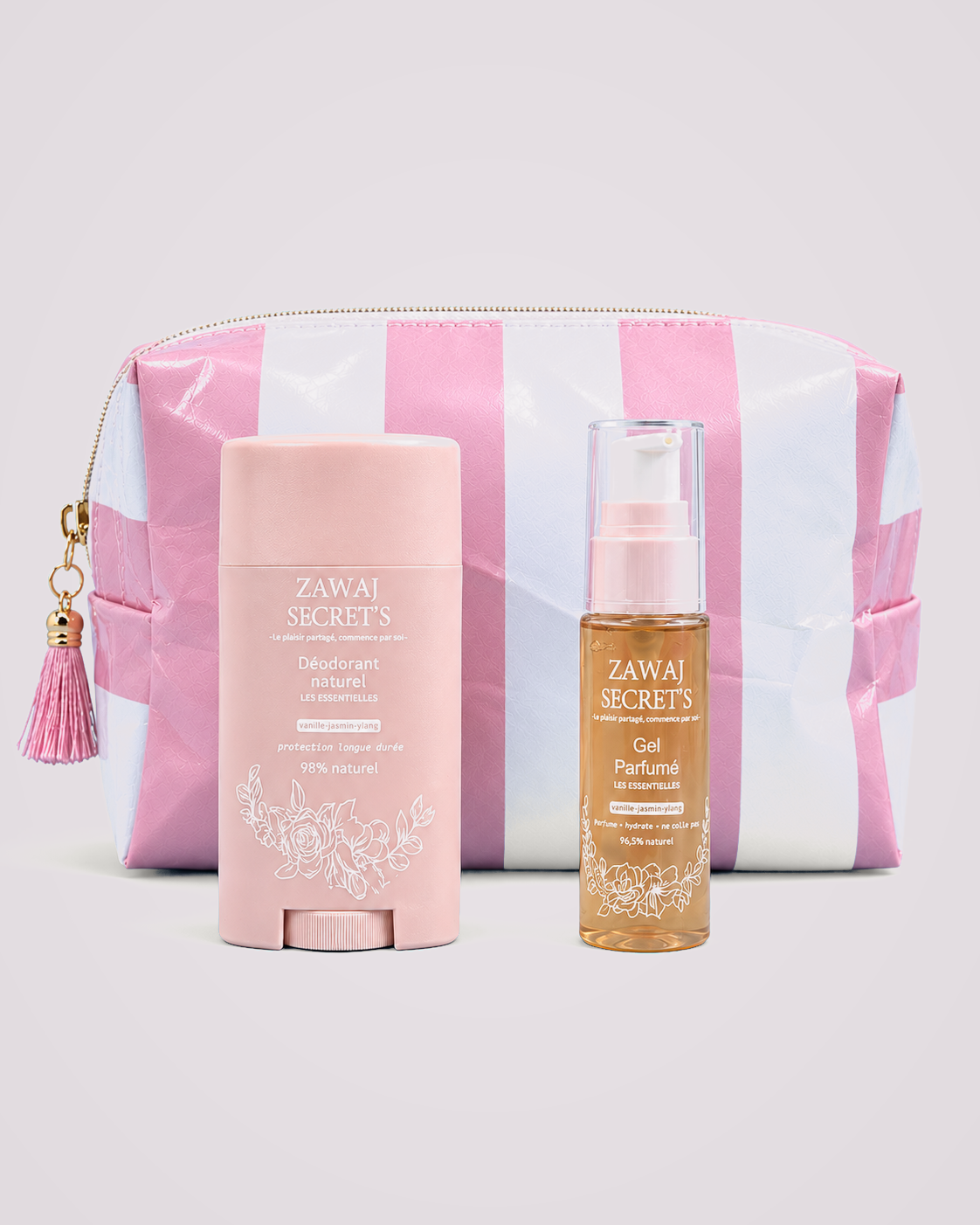 Douce Aura — produit réel sur fond gris perle rosé