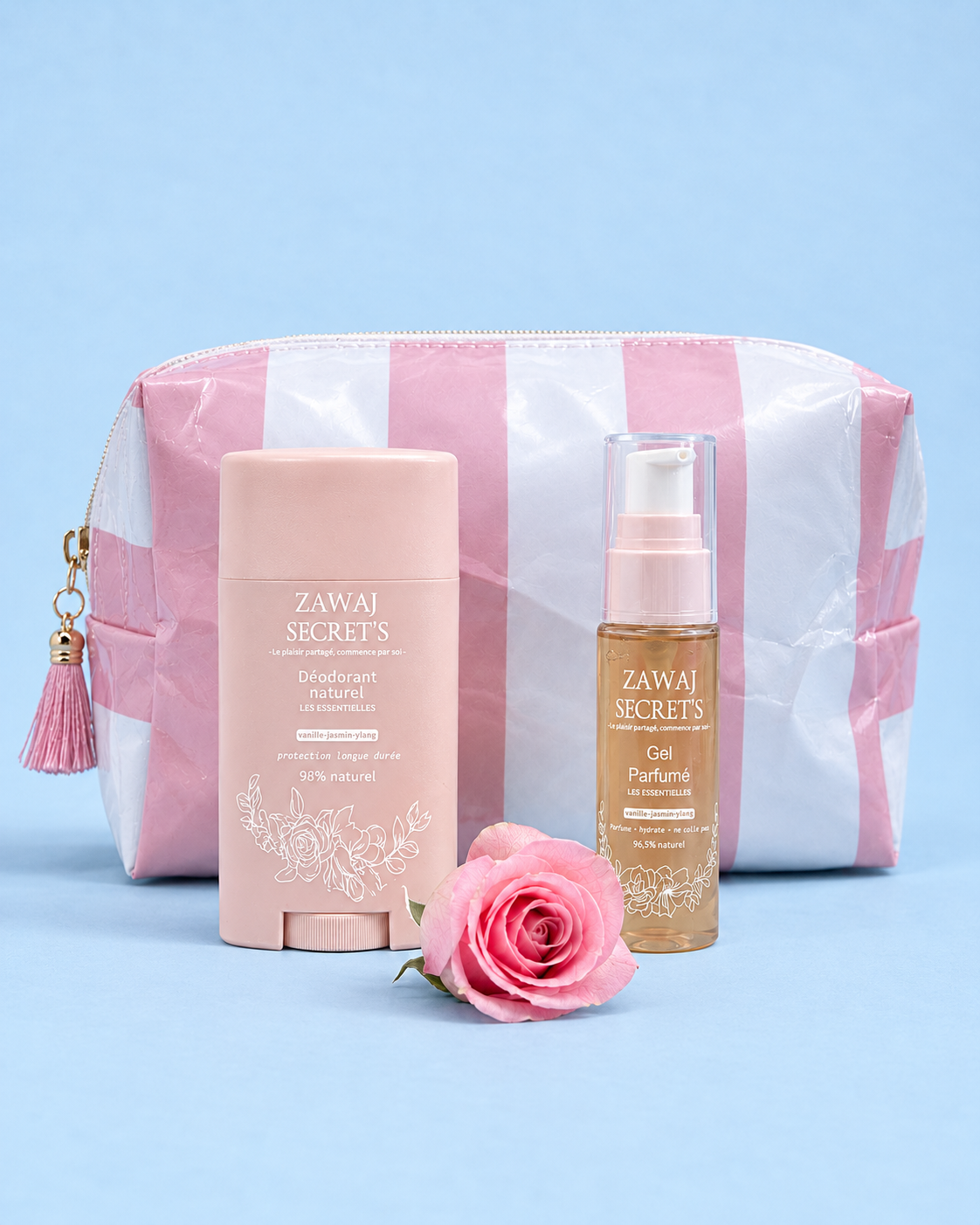 Douce Aura Zawaj Secret's avec déodorant, gel parfumé et trousse, packshot net ultra-réaliste sur fond bleu