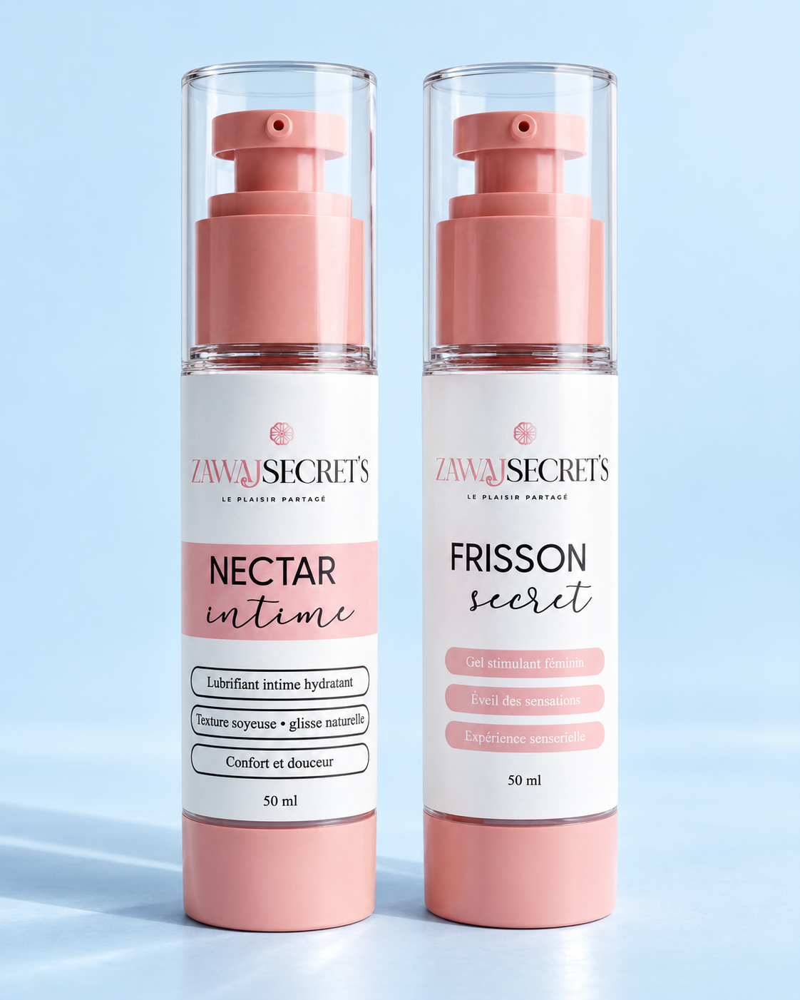 Duo Apothéose Nectar Intime et Frisson Secret sur fond bleu ciel