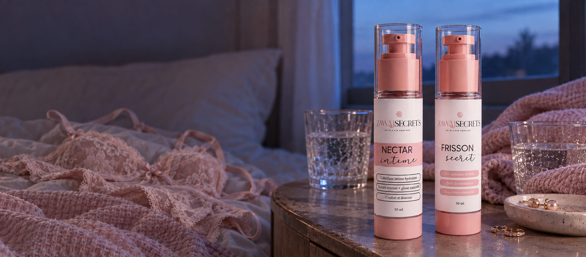 Bannière ordinateur Duo Apothéose Zawaj Secret's, soirée romantique avec lingerie en dentelle rose, format 16:7