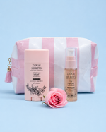 Zawaj Secret's — duo déodorant naturel et gel parfumé avec trousse rayée sur fond bleu ciel